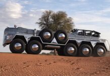 Este camión con diez ruedas se llama Dhabiyan y es una mezcla entre un Jeep Wrangler, un Ford Super Duty y un Dodge Charger camión con diez ruedas Dhabiyan