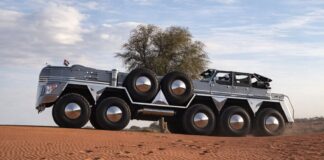 Este camión con diez ruedas se llama Dhabiyan y es una mezcla entre un Jeep Wrangler, un Ford Super Duty y un Dodge Charger camión con diez ruedas Dhabiyan