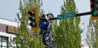 Impactante accidente, una moto Suzuki choca con un BMW Serie 3 y termina colgada de un semáforo Accidente moto Suzuki BMW Serie 3