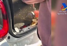 La Guardia Civil corta un Fiat 500 con una radial, después de desembarcar en Palma de Mallorca. Bajo el maletero había 44 kg de cocaína Guardia Civil corta un Fiat 500 con una radial