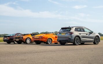 El Skoda Elroq RS se enfrenta al Ferrari Testarossa, Lamborghini Countach y Porsche 944 Turbo en una prueba de aceleración en un aeródromo Skoda Elroq vRS