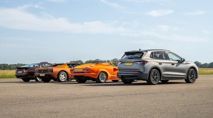 El Skoda Elroq RS se enfrenta al Ferrari Testarossa, Lamborghini Countach y Porsche 944 Turbo en una prueba de aceleración en un aeródromo Skoda Elroq vRS